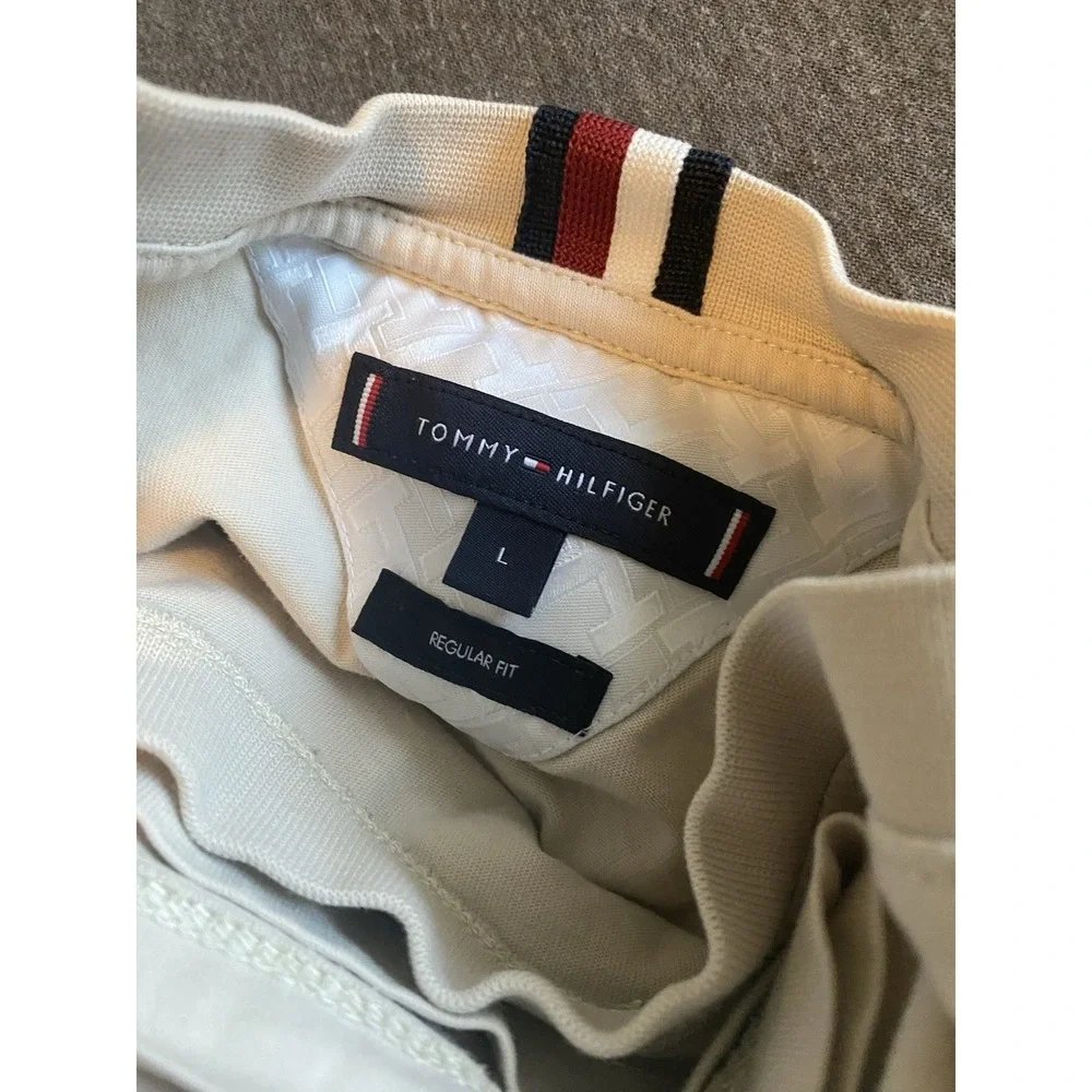 TOMMY HILFIGER Mens T-Shirt Top Large Beige Cotton Embroidered
